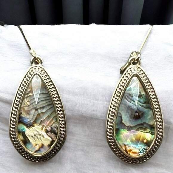 NAPIER Dangling Gold Tone Faux Abalone Leverback Earrings Teardrop Iridescent - Picture 3 of 9